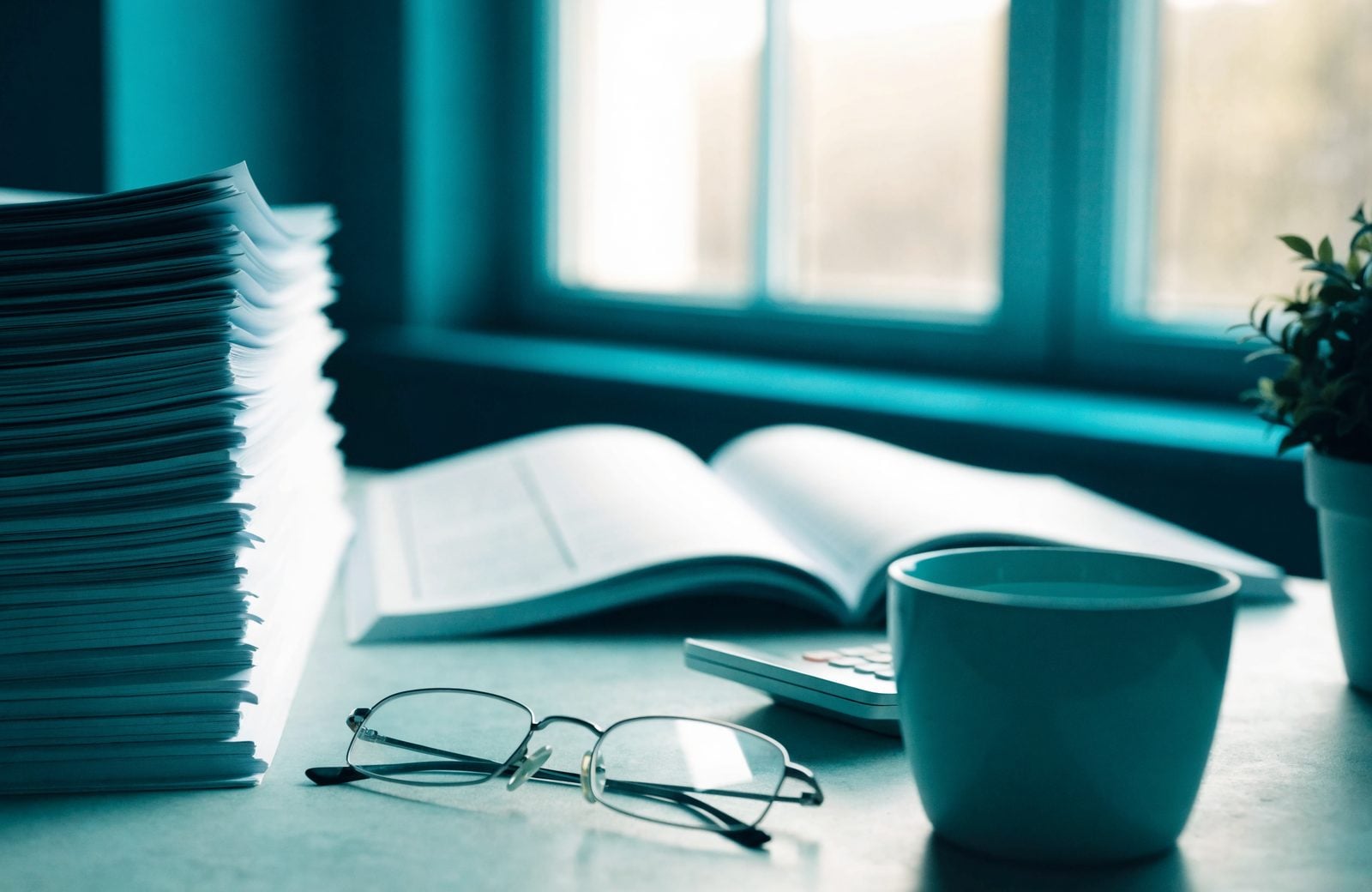 Reconciled paperwork, an open ledger and a calculator on a bookkeeper desk